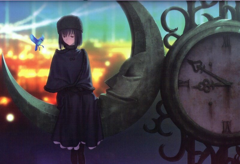 girl with bird on crescent moon