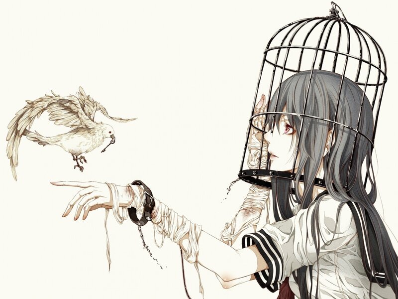 girl with birdcage and white bird