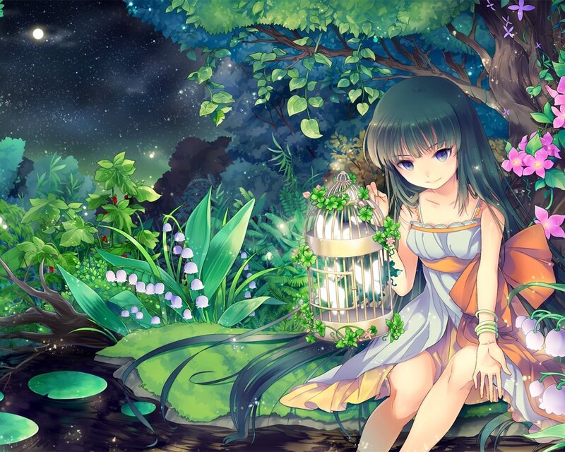 Girl with Birdcage — Green, Serene, Night