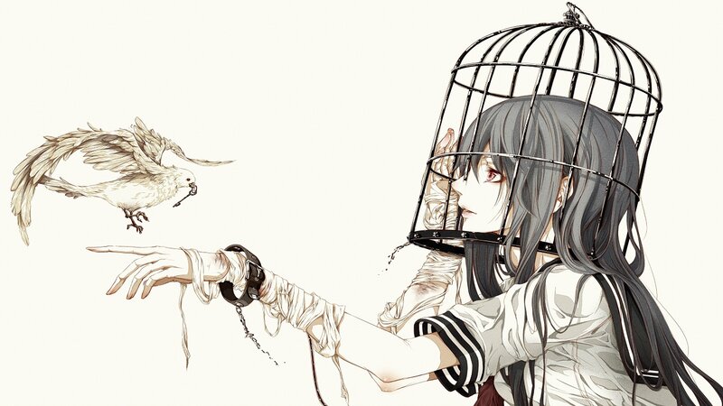 Girl with Birdcage Head — White, Dramatic