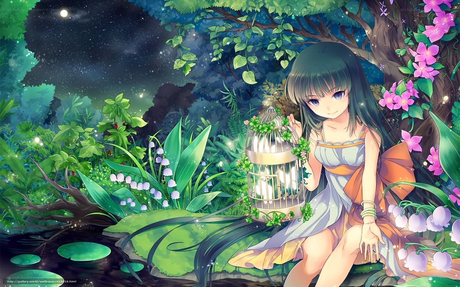 Girl with birdcage in forest