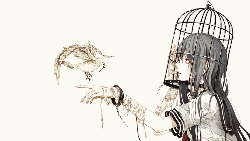 Girl with Birdcage on Head — White, Dramatic, Manga, Bird