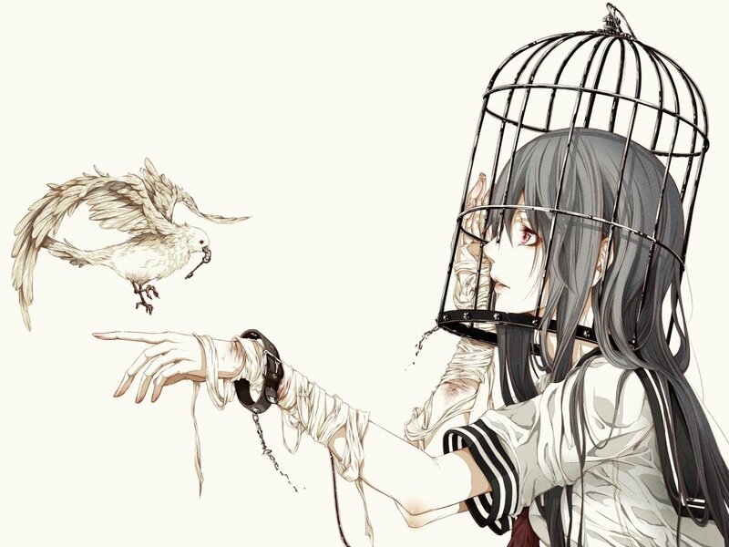 Girl with Birdcage on Head — White, Dramatic