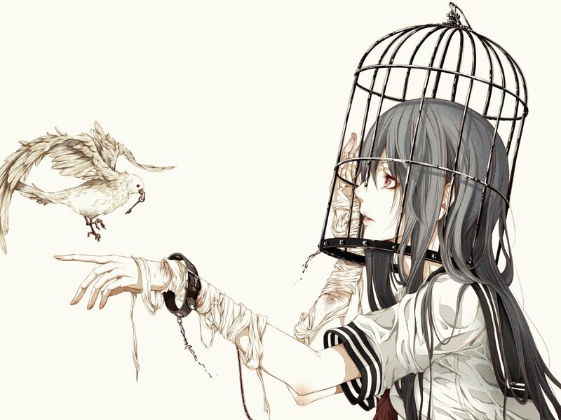 Girl with Birdcage on Head — White