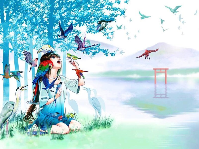 Girl with Birds — Blue, Serene