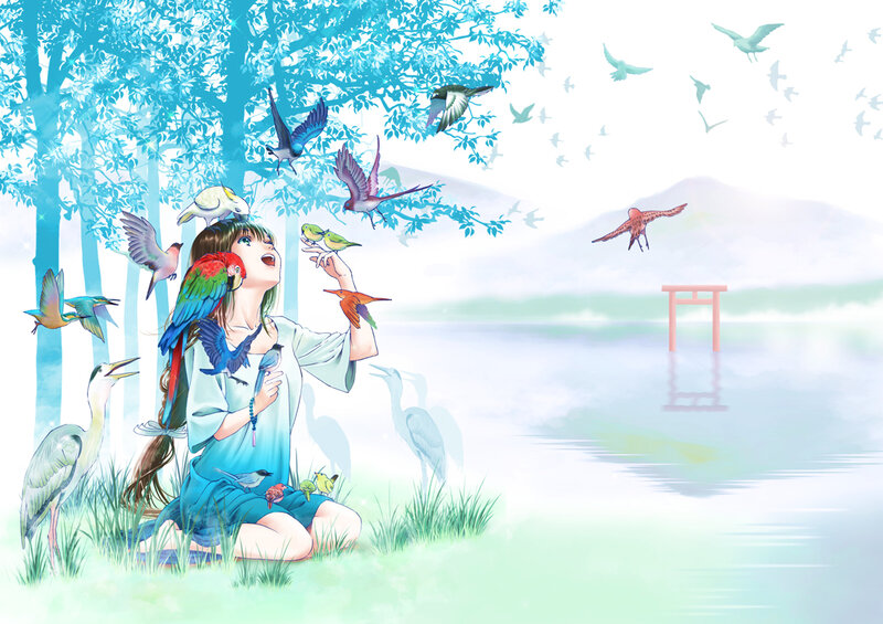 Girl with birds in a serene landscape