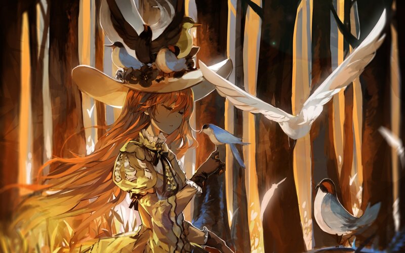 Girl with Birds in Forest — Orange