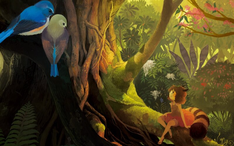 Girl with birds in forest