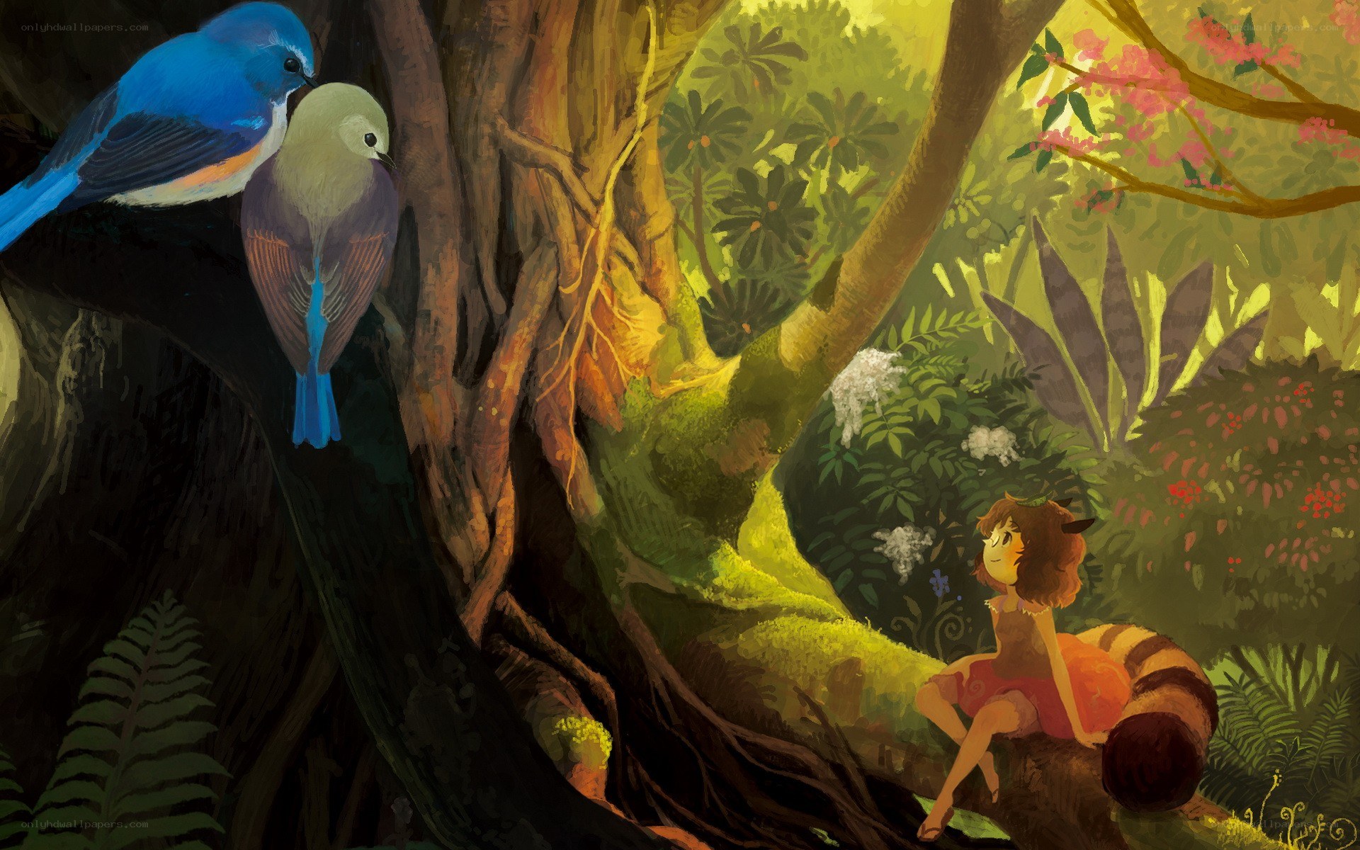 Girl with birds in forest