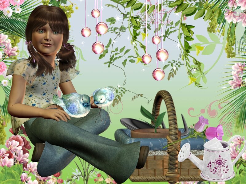 Girl with Birds in Garden