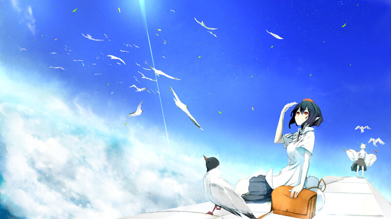 Girl with birds in the sky