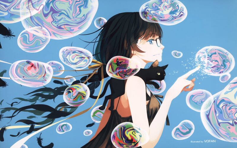 Girl with Black Cat — Blue, Serene