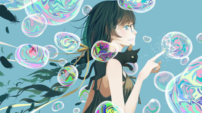Girl with Black Cat — Blue