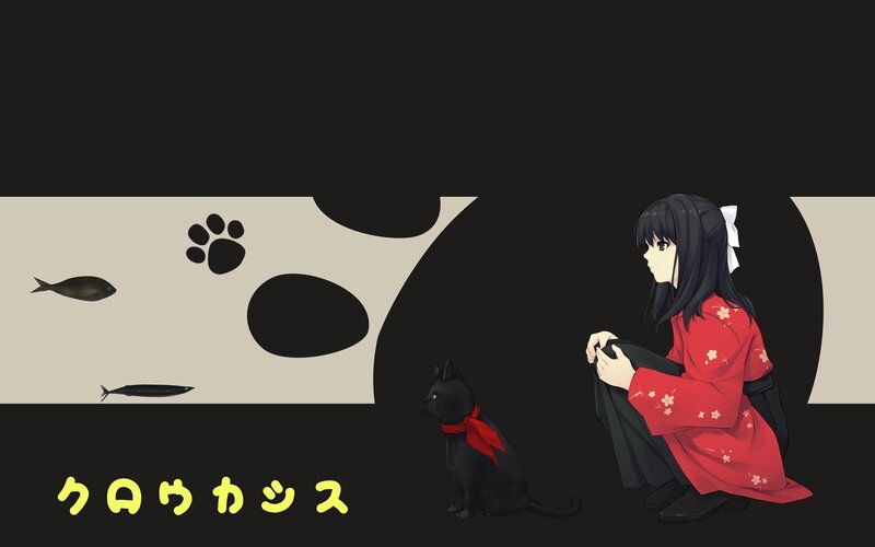 girl with black cat in red kimono