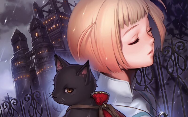 girl with black cat in storm