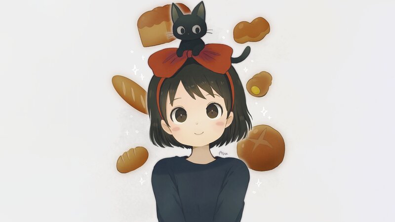 Girl with Black Cat — White