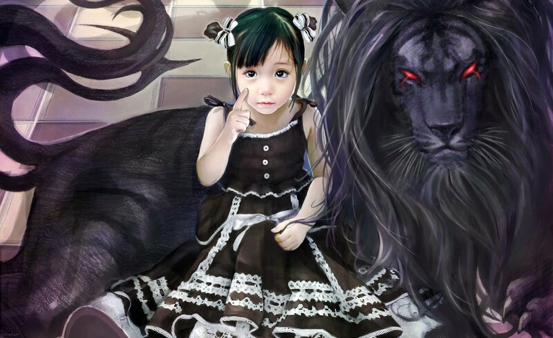 girl with black lion companion