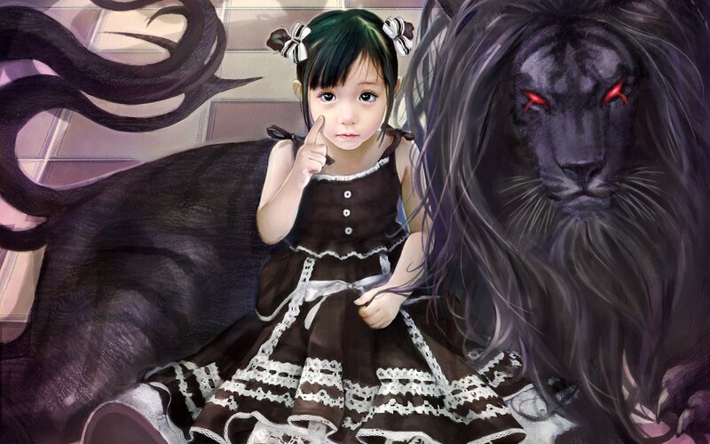 girl with black lion companion