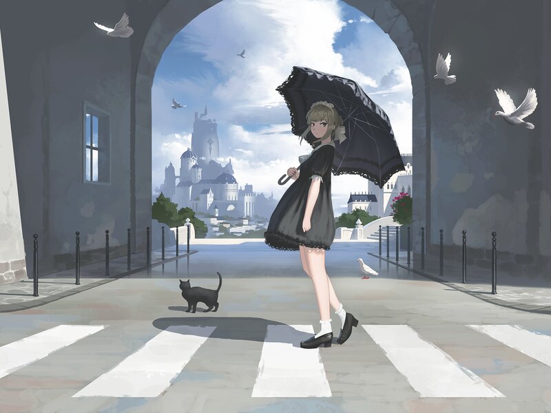 Girl with Black Umbrella — Gray