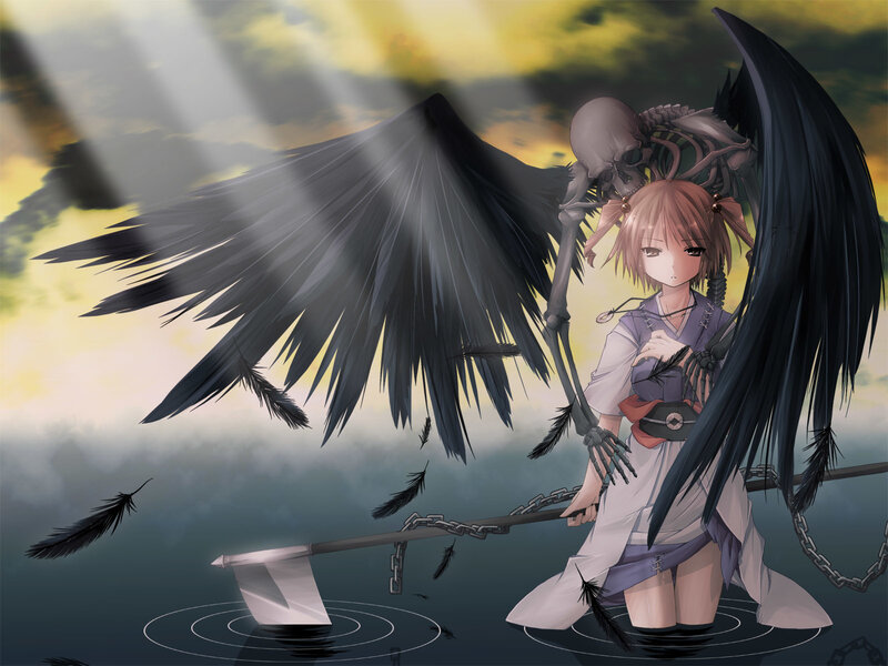girl with black wings and skeleton