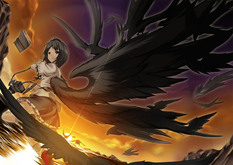 Girl with black wings in sunset