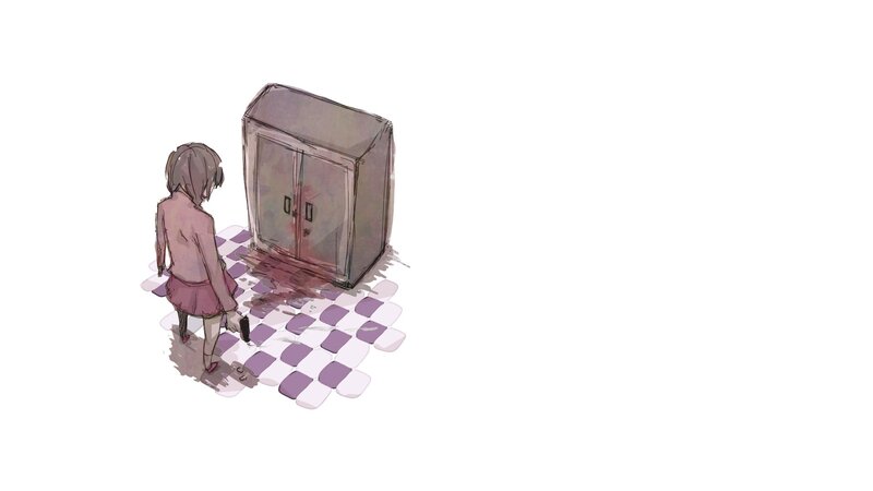 Girl with blood-stained cabinet