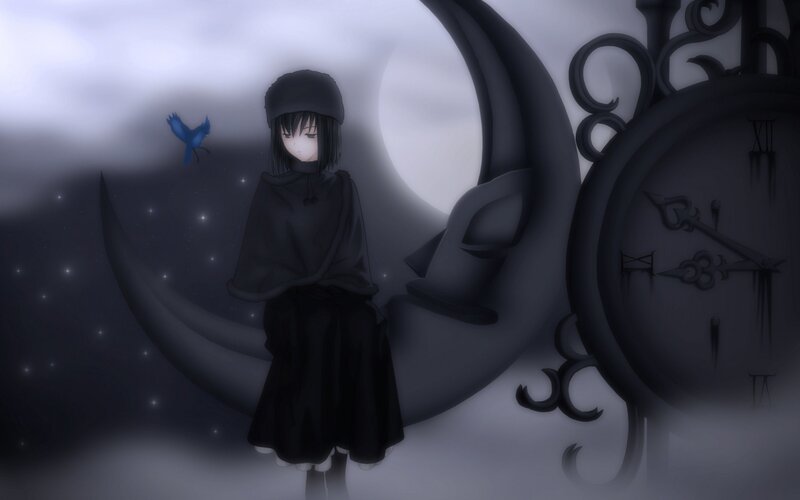 girl with blue bird and clock