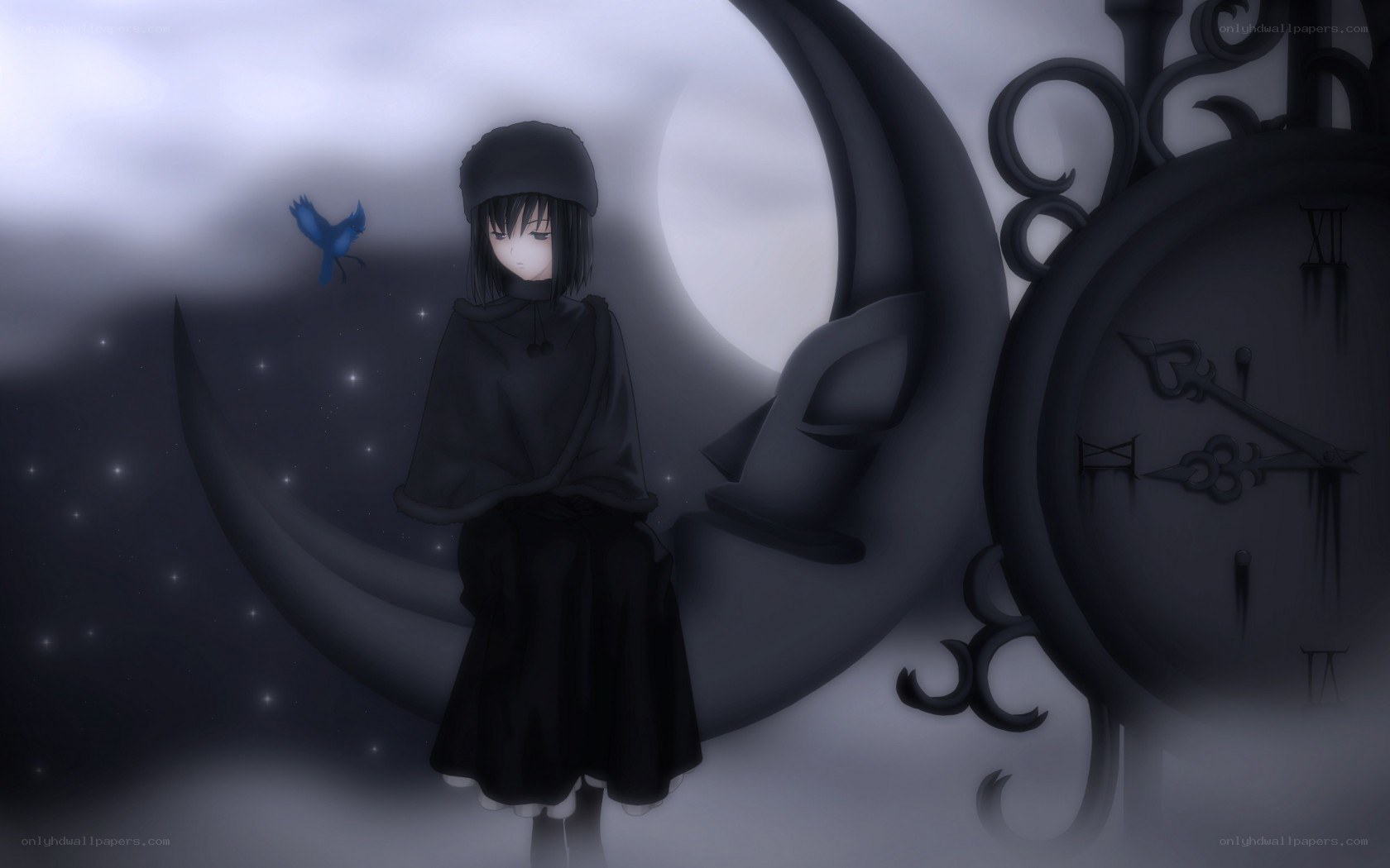girl with blue bird and clock