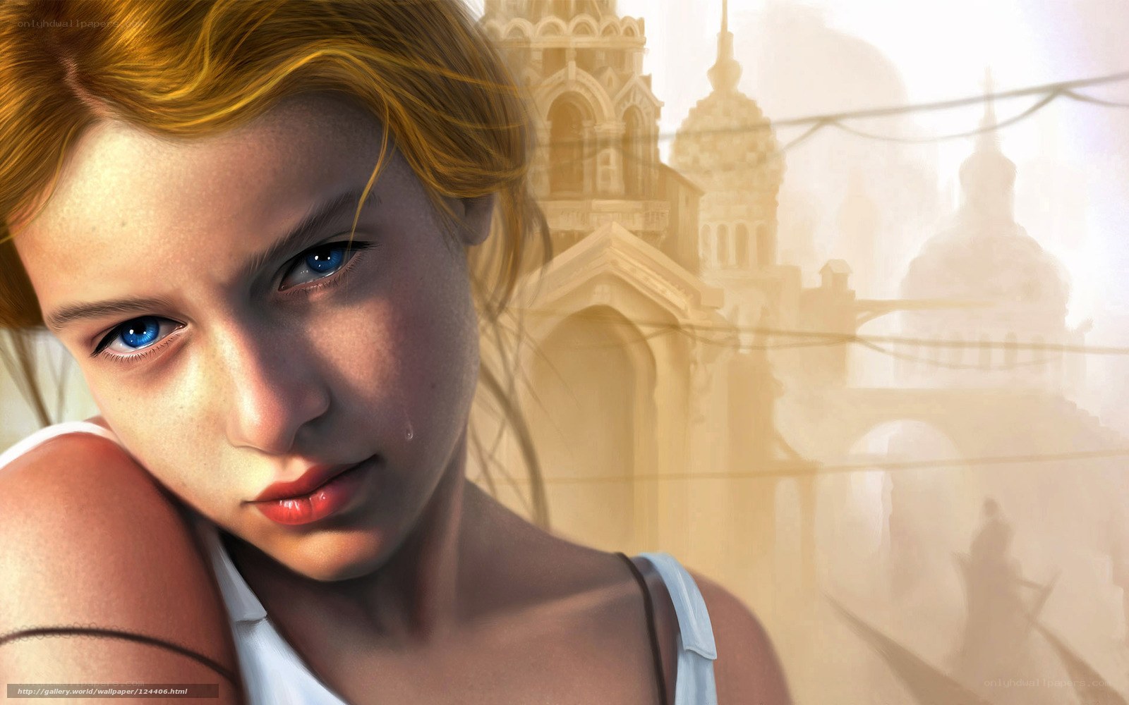 girl with blue eyes in city