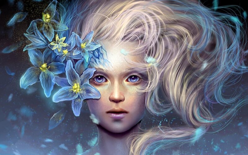 Girl with Blue Flowers — Digital Art