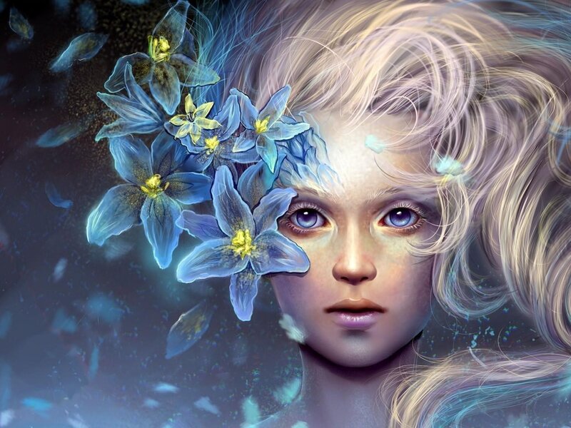 Girl with Blue Flowers — Dreamy, Night