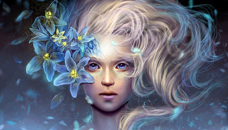 Girl with Blue Flowers — Ethereal, Night