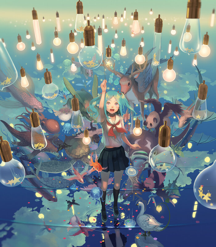 Girl with Blue Hair — Dreamy, Digital Art, Light Bulbs