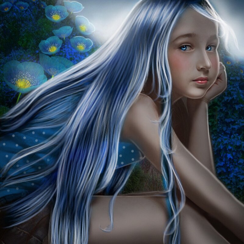 Girl with Blue Hair — Serene, Night, Digital Art