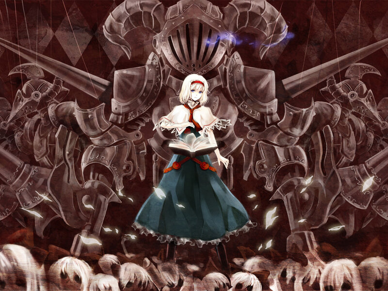 Girl with book and armored figures