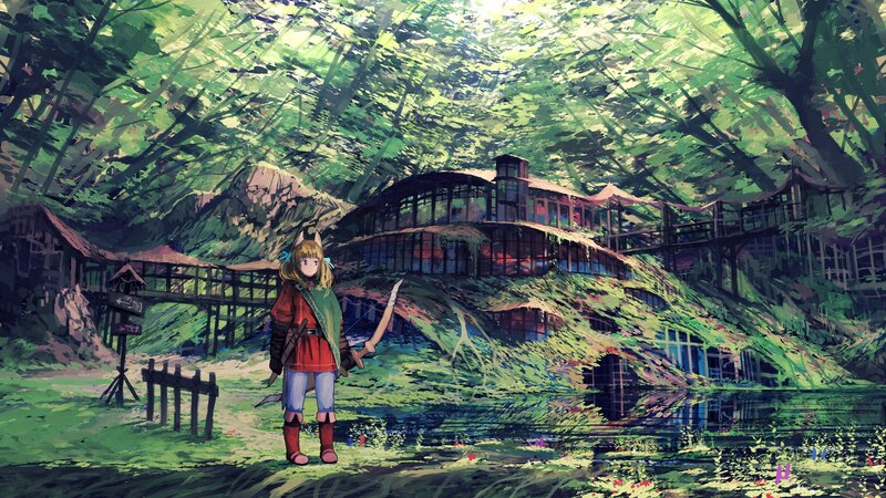 Girl with Bow in Forest