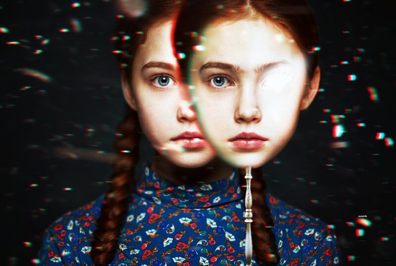 Girl with Braided Hair — Blue, Dramatic, Digital Art