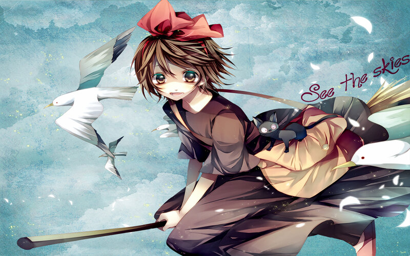 girl with broom and cat