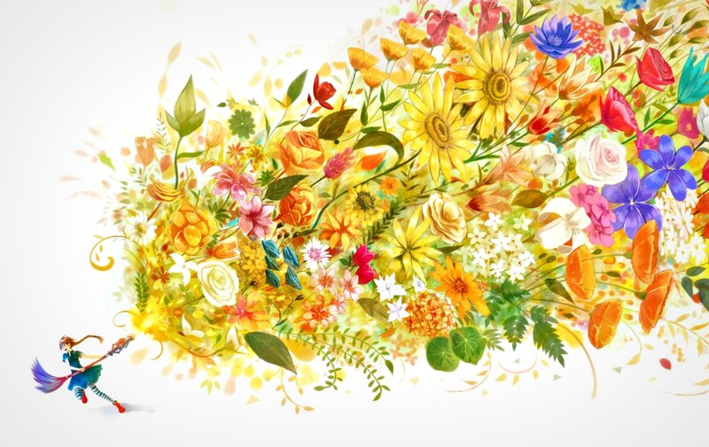 Girl with Broom and Flowers