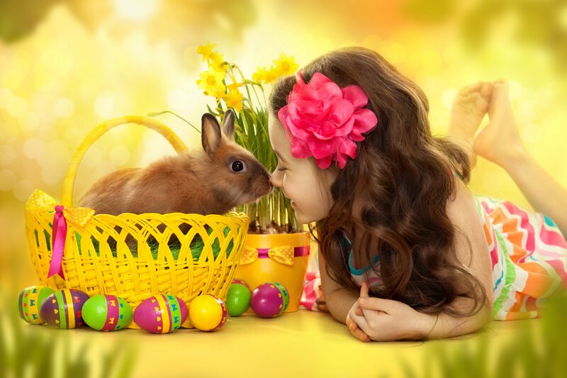 Girl with Bunny in Basket — Yellow