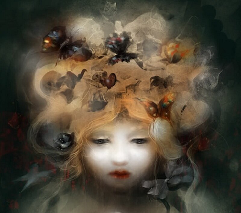 girl with butterflies and smoke