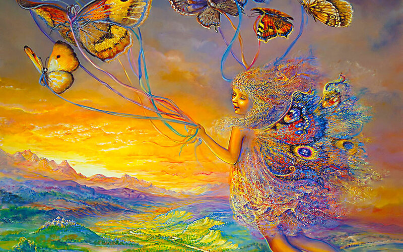 Girl with butterflies at sunset