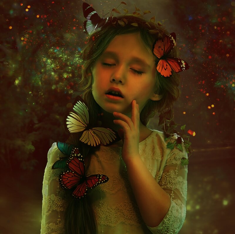 Girl with Butterflies — Green, Dreamy