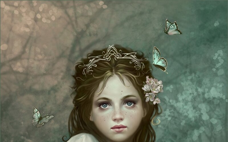 Girl with Butterflies — Green, Serene
