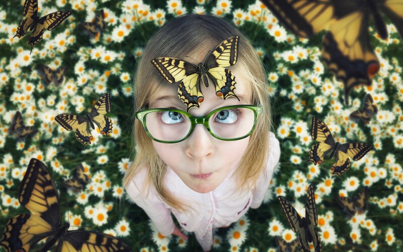Girl with Butterflies — Green, Whimsical