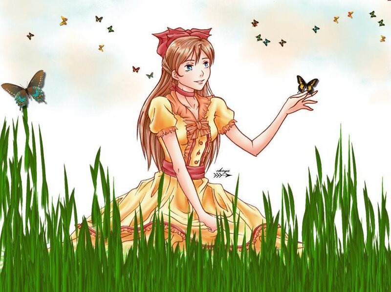 girl with butterflies in field