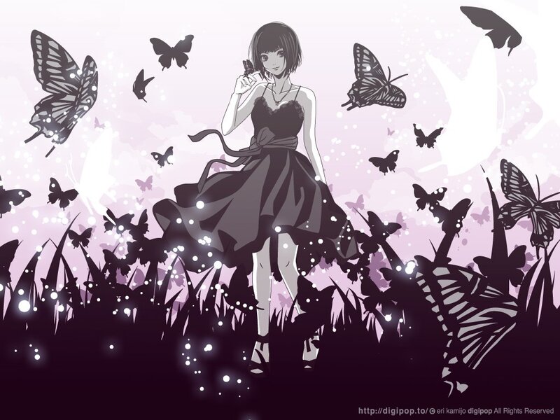 girl with butterflies in field