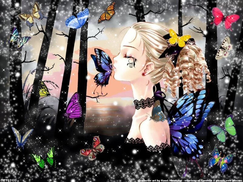 girl with butterflies in forest