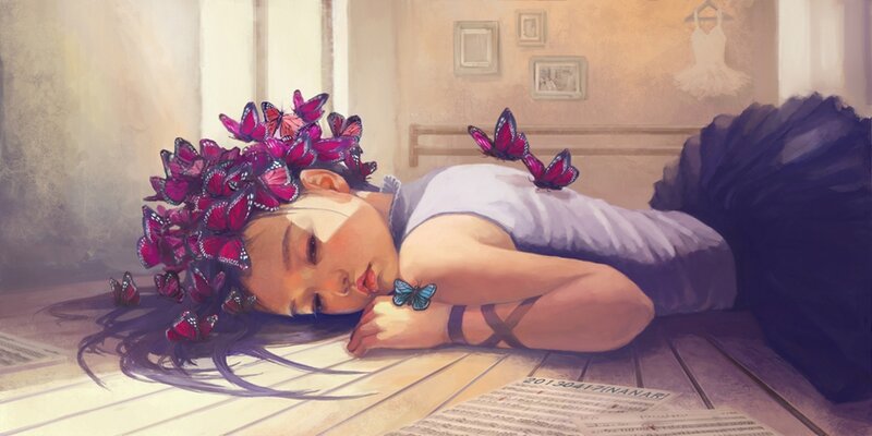 Girl with Butterflies — Purple, Serene, Afternoon