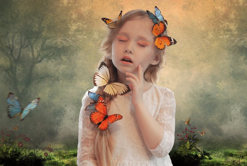 Girl with Butterflies — White, Serene